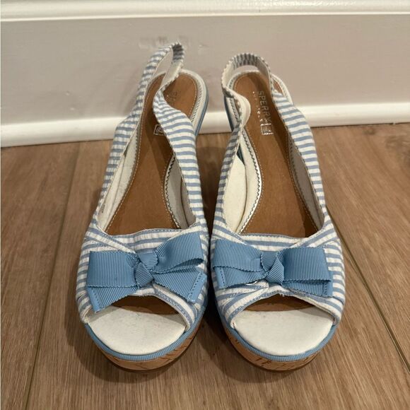 Sperry Blue and White Nautical Wedge Sandals with bows - Picture 2 of 5